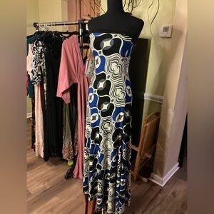 Blue and Black Patterned Strapless Dress